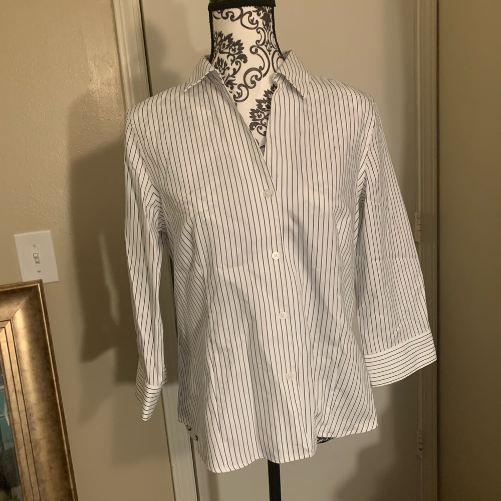 Anne Klein White Buttoned Blouse w/ Black Stripes